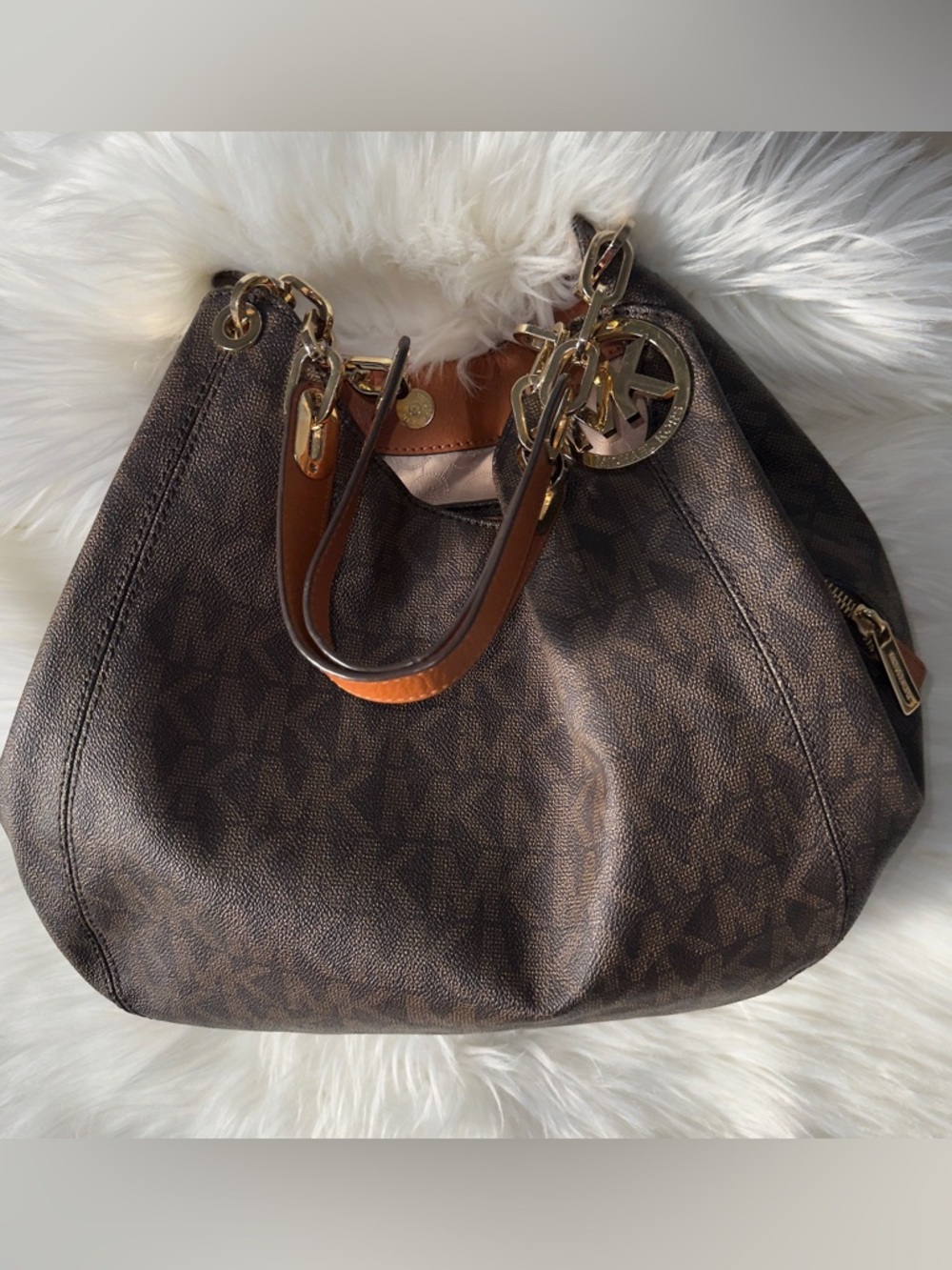 Mk Michael Kors🦋Brown and Tan Logo-Print Hobo with Gold Hardware